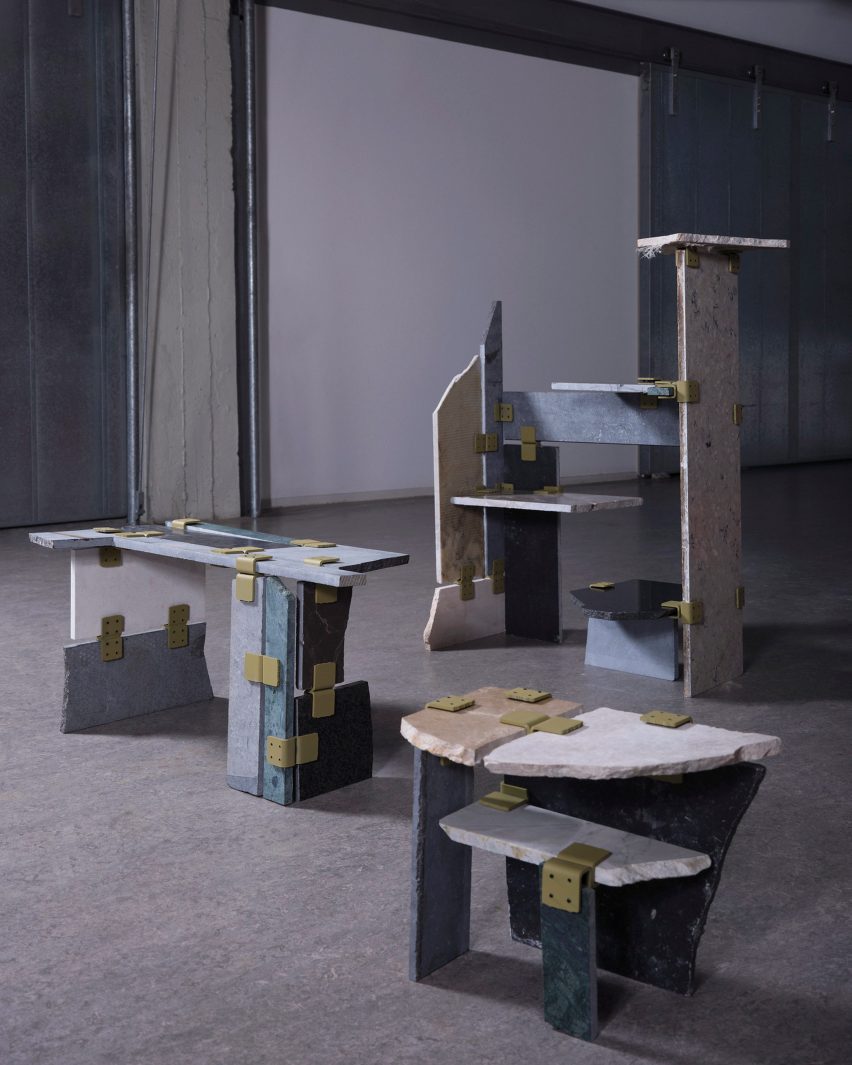 Remi Reniers uses steel clamps to connect stone offcuts