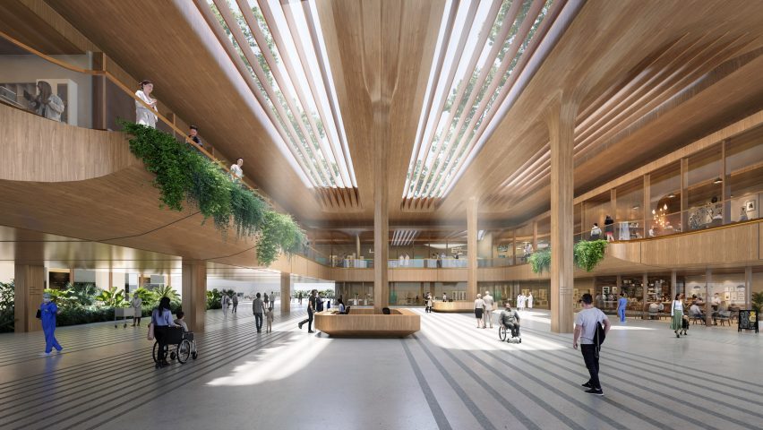 Render of a timber-lined interior by Zaha Hadid Architects