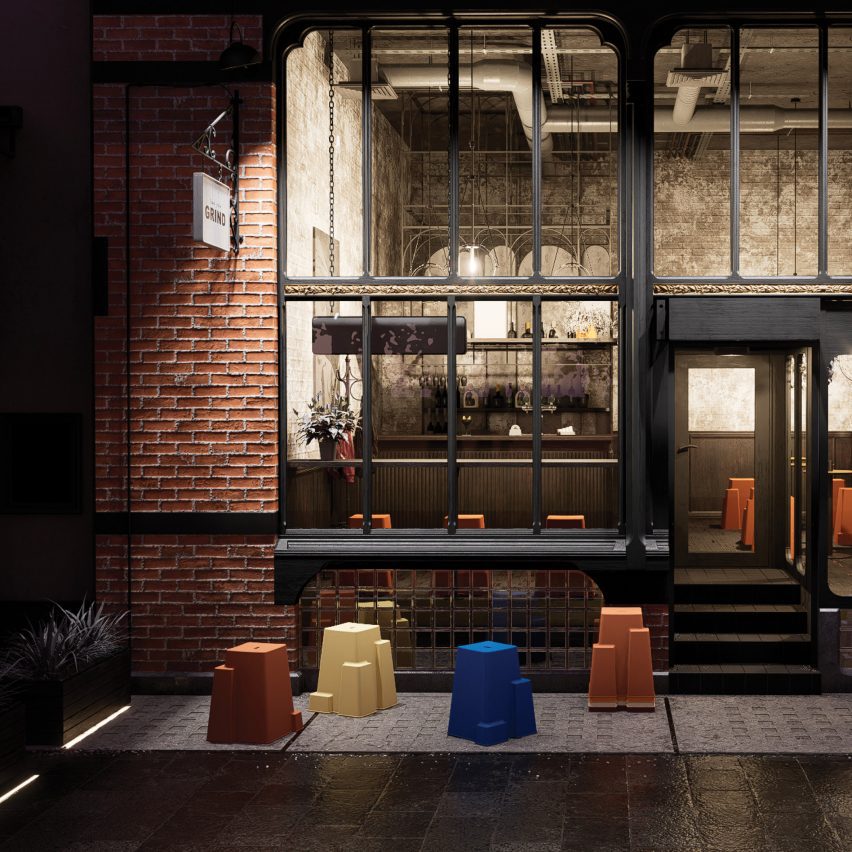 an image of stools placed outside a building