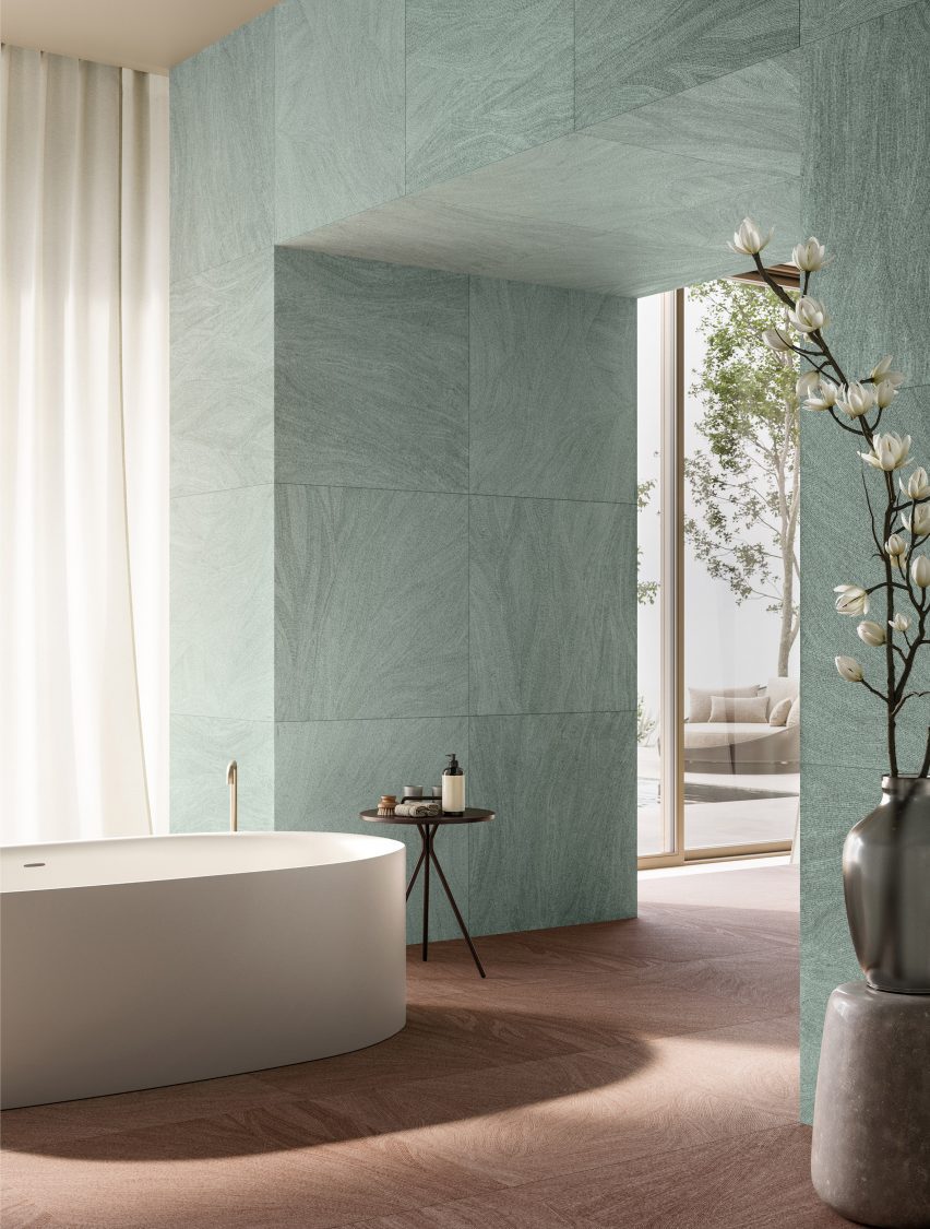 Room cloaked with Ink collection tiles by Refin Ceramiche