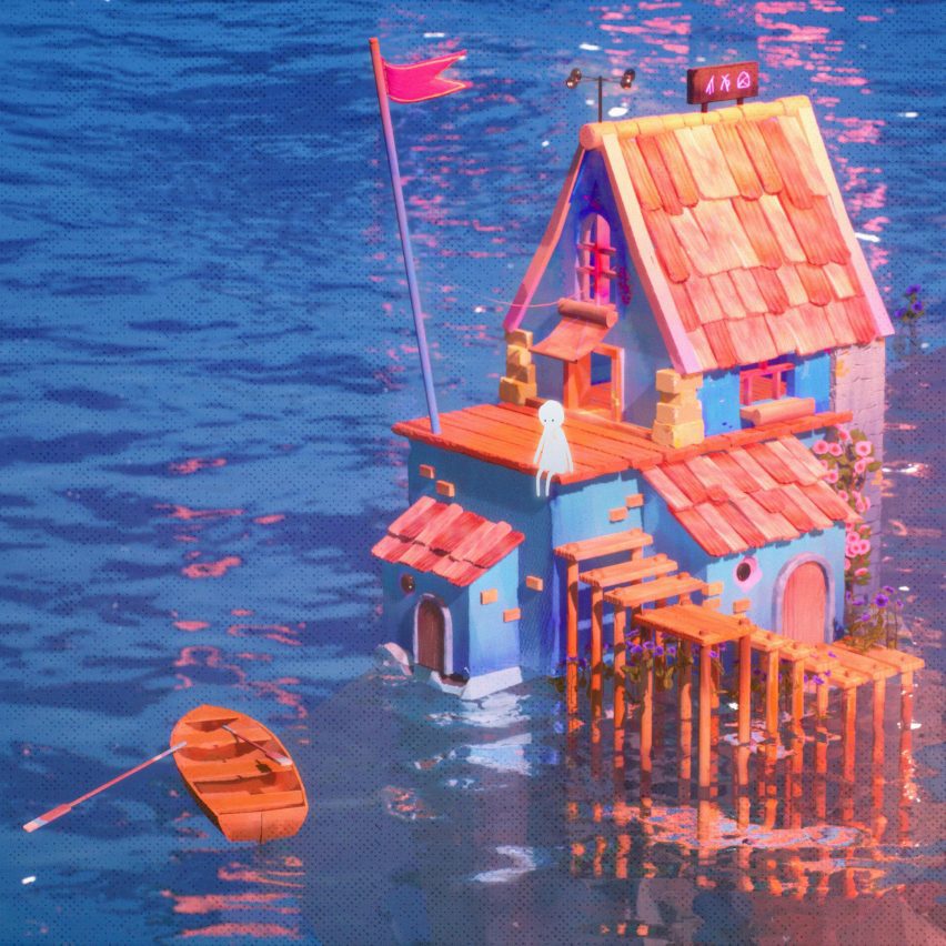 a digital image showing a house on water