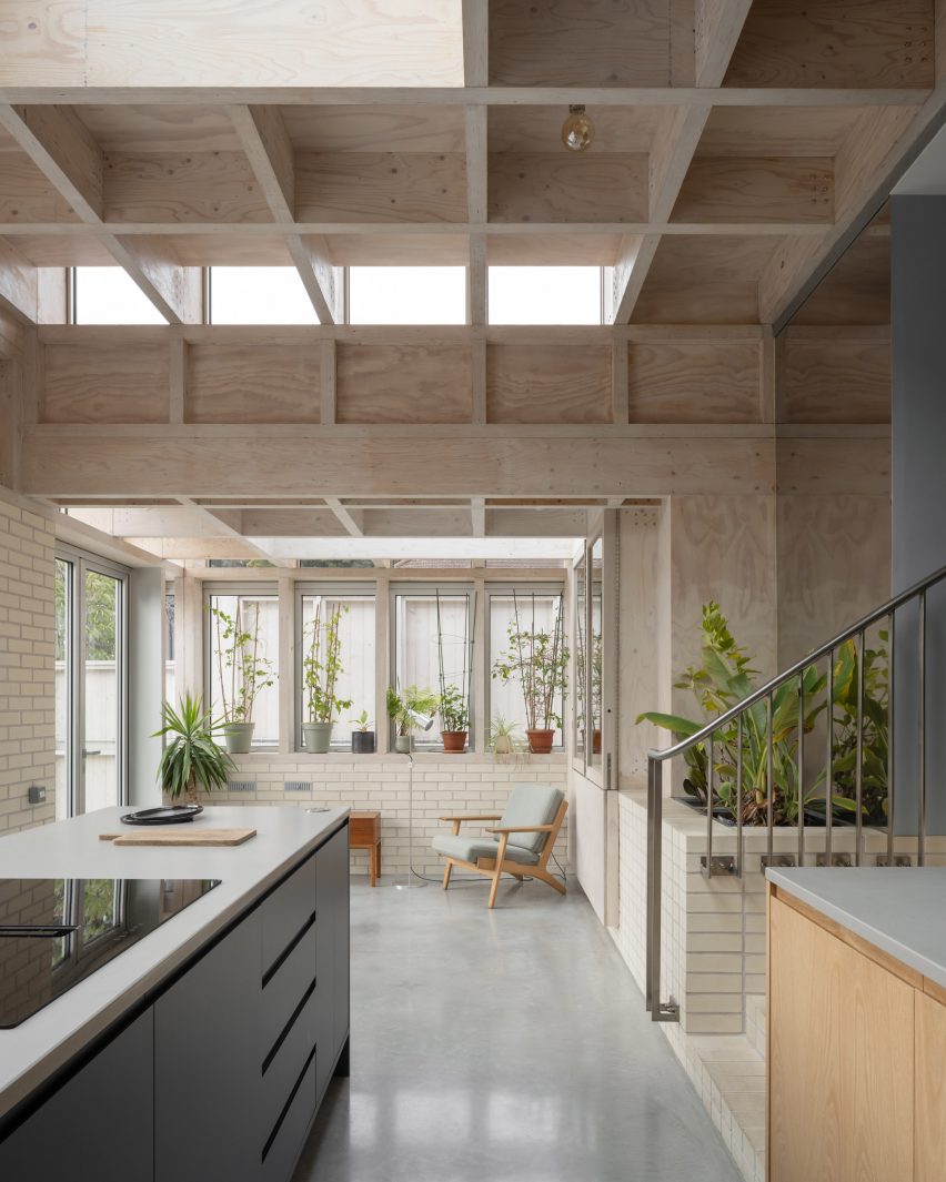 Timber waffle slab in kitchen of Tabberner Cook House by James Alder Architects