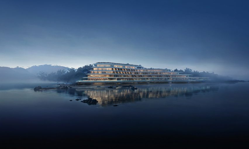 Exterior render of the Vertex Hotel by Zaha Hadid Architects