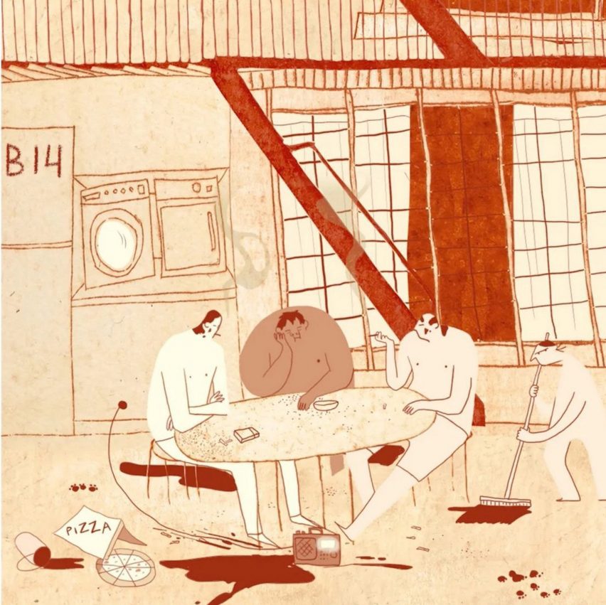 a still from an animation in tones of beige and orange
