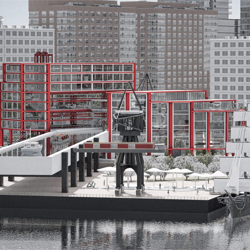 a visualisation of buildings in tones of grey and red