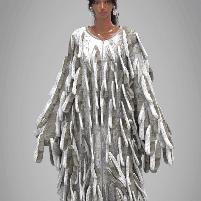 a digital avatar wearing a silver garment