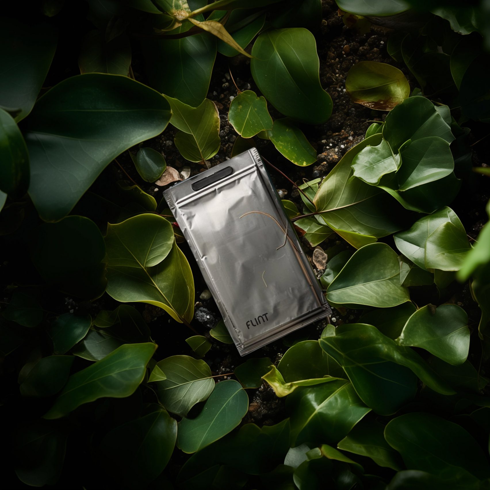Batteria Flint a base di cellulosa, sottile e flessibile, mostrata tra foglie verdi