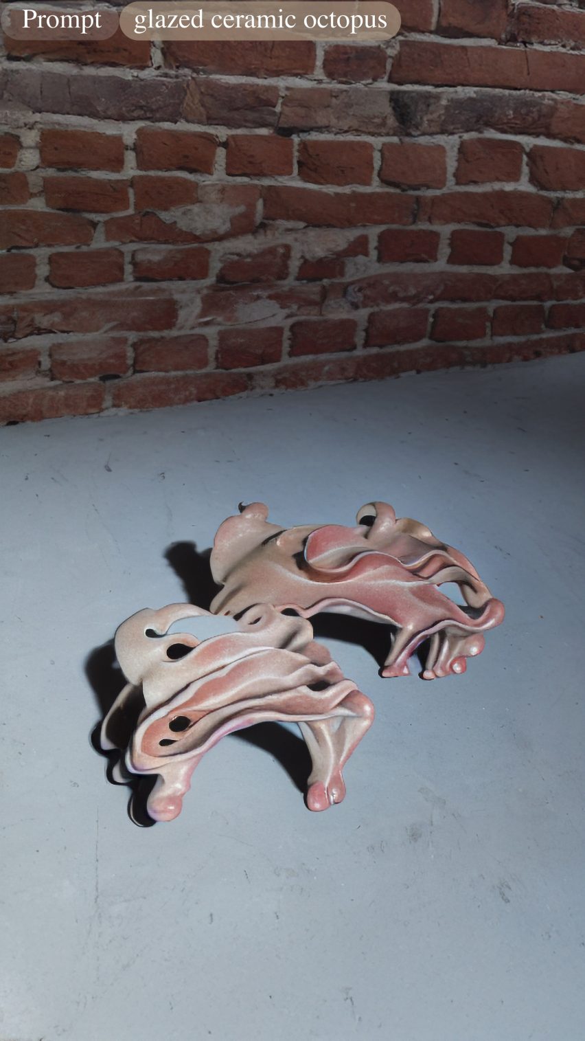 AI-generated image of abstract swirly ceramic vessels, with the prompt "glazed ceramic octopus" in text at the top