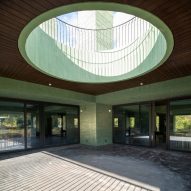 Circular void in Überhaus restaurant in Les Jardins de Médongaule by Pezo von Ellrichshausen