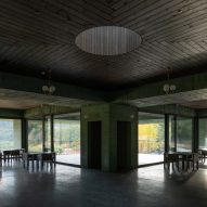 Oak ceilings in Überhaus restaurant in Les Jardins de Médongaule by Pezo von Ellrichshausen