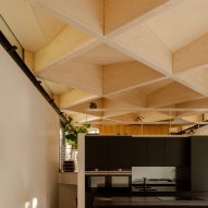 Kitchen with exposed timber diagrid roof in Arbour House by Andrei Saltykov