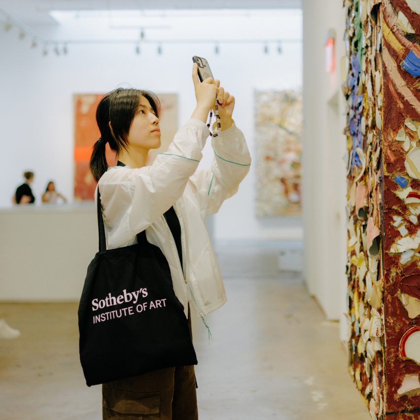 person taking a picture of art in a gallery