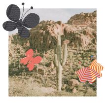 Photo of a cactus and mountains with cartoon-like butterfies on top