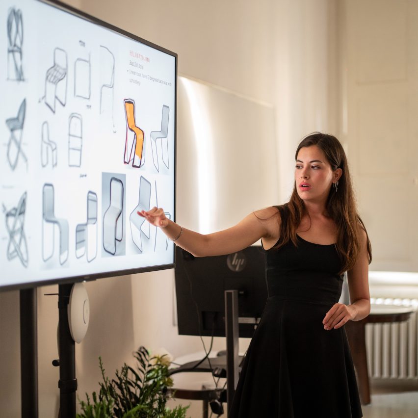 a student presenting their furniture designs