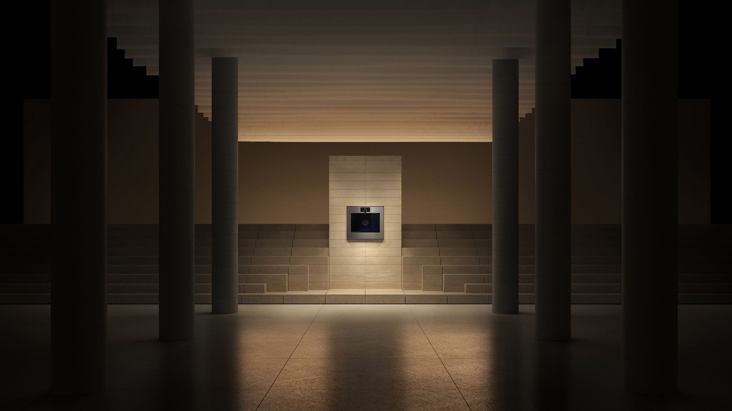 Minimalist interior with columns and stepped seating centred on a Gaggenau oven