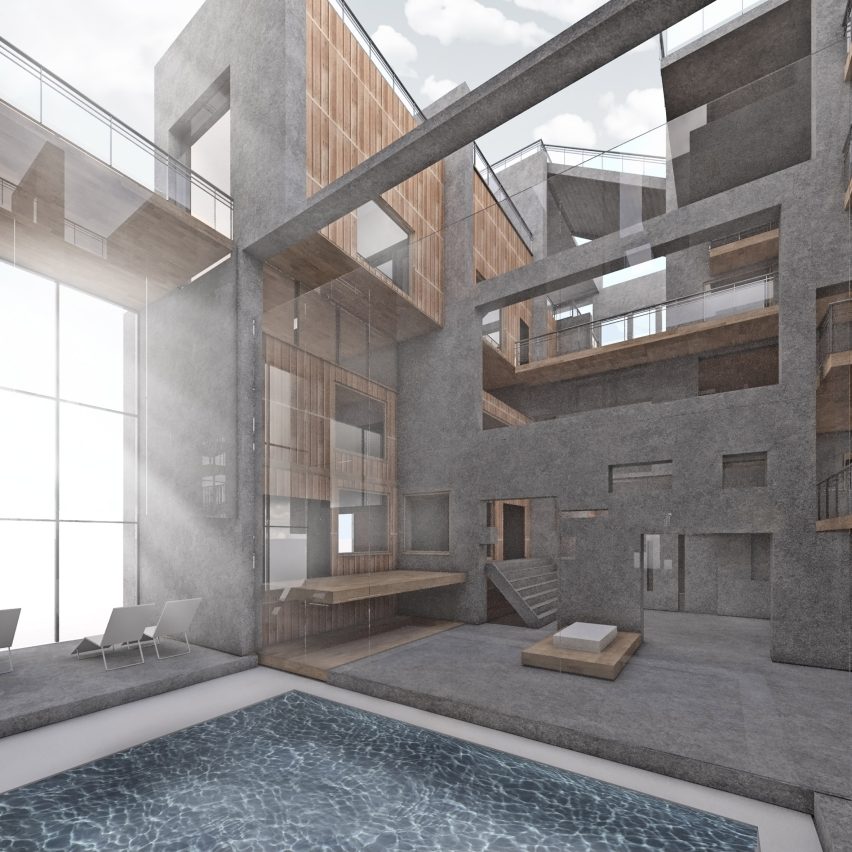 a visualisation of an interior in tones of grey