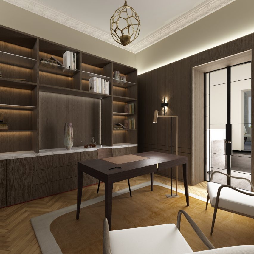 a visualisation of an interior in tones of brown and grey