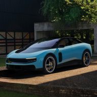 Front three-quarter view of blue Ferrari Luce