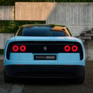 Rear view of blue Ferrari Luce
