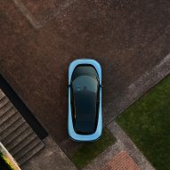 Aerial view of blue Ferrari Luce