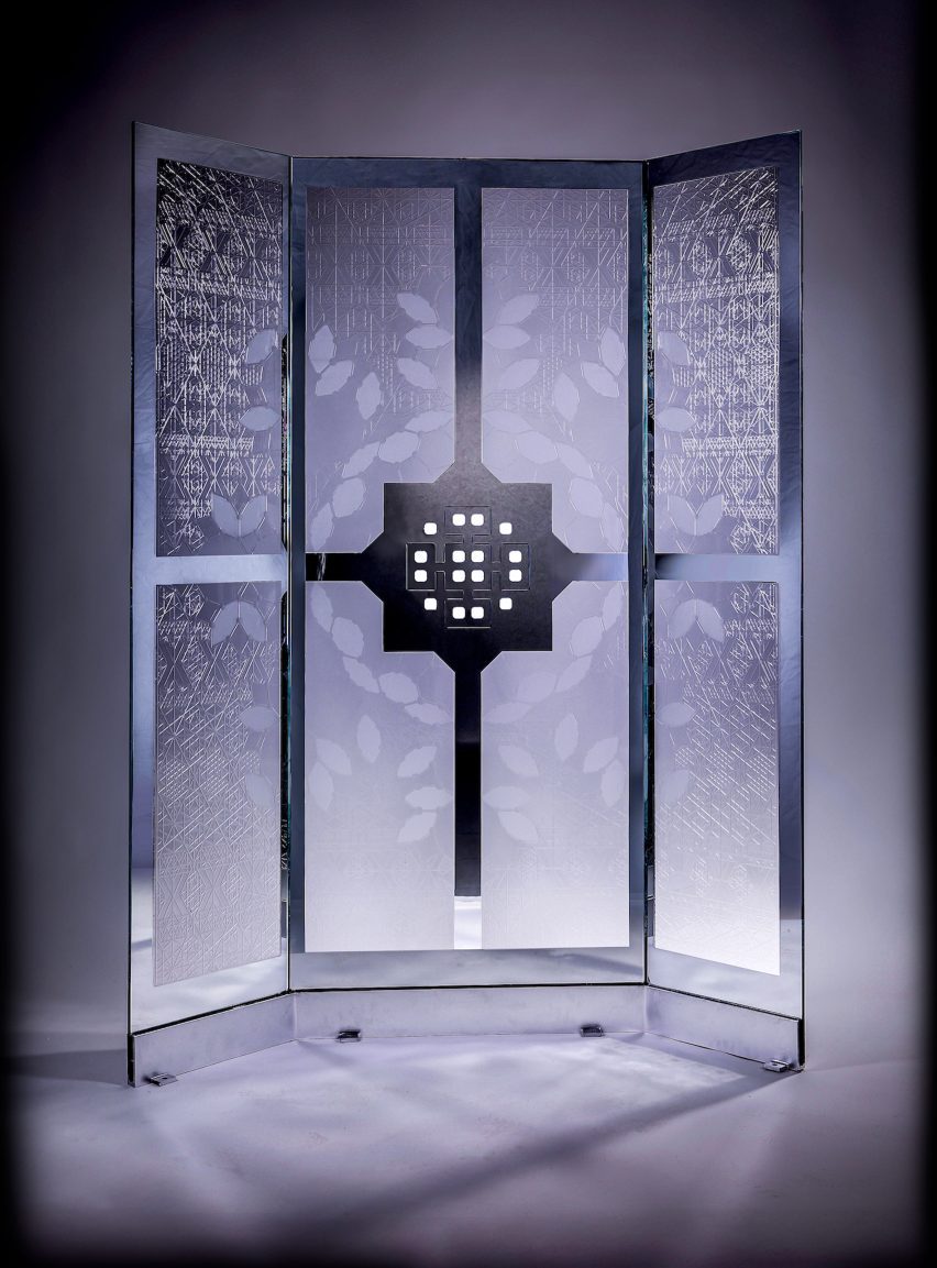 Image of a decorative, panelled glass screen.