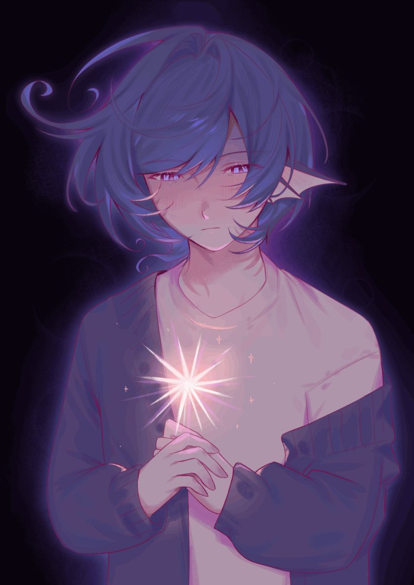 Image of a purple anime character holding a sparkler.