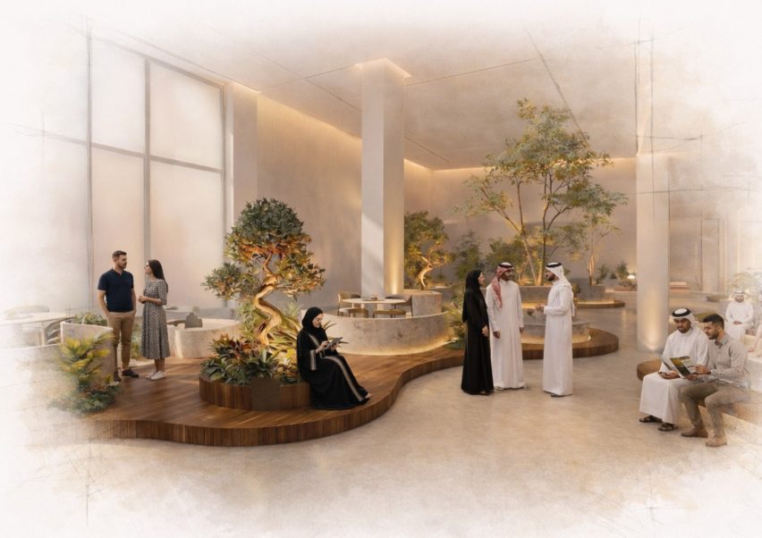 Computer generated image of a white interior with small trees and small groups of people positioned throughout.