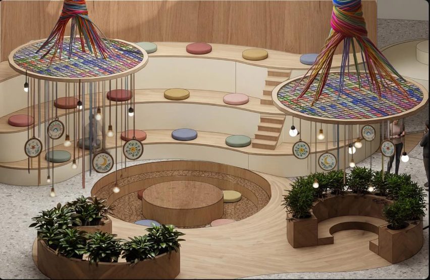 Computer generated image of an interior, with hanging pieces resembling colourful weaved threads. 