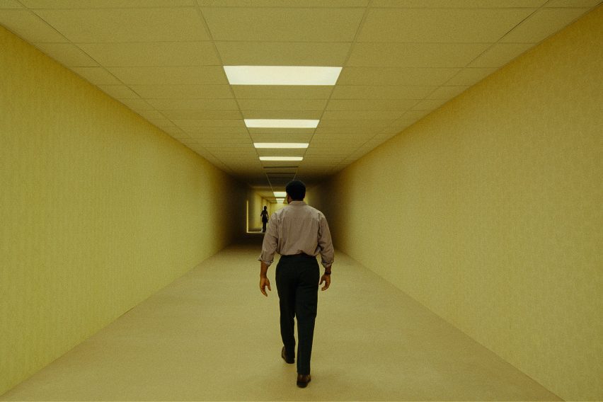 Still from The Backrooms showing Clark walking down an endless yellow corridor
