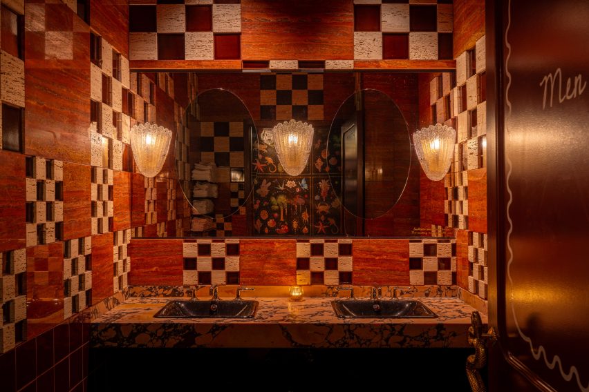Bathroom with stone checkerboard walls