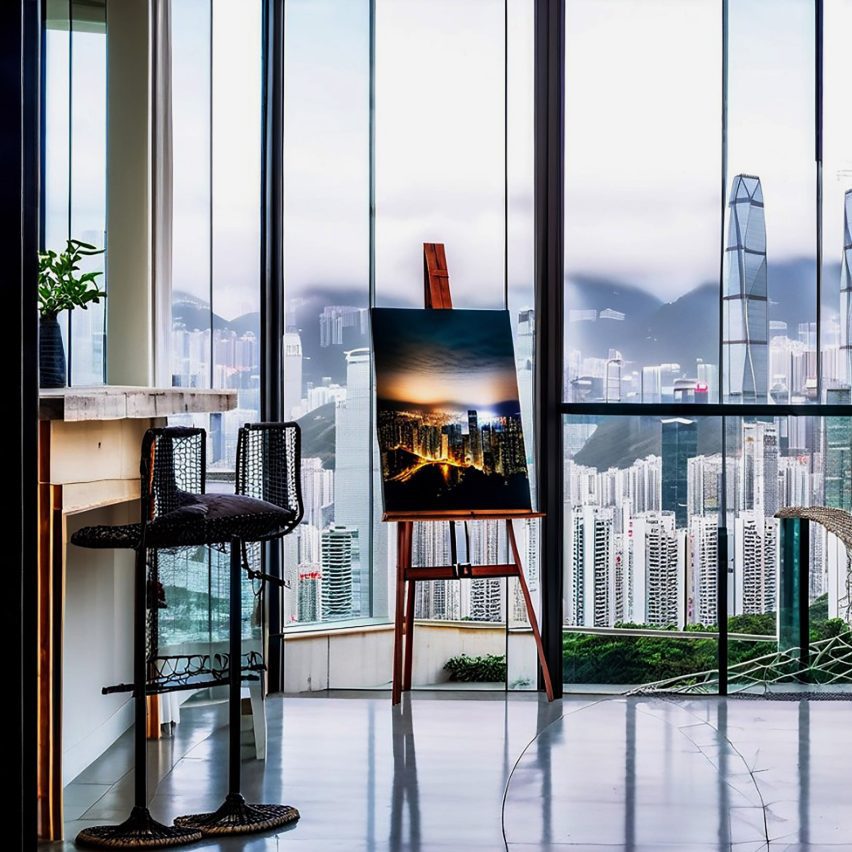 an image of a room with glass walls and an art canvas in it