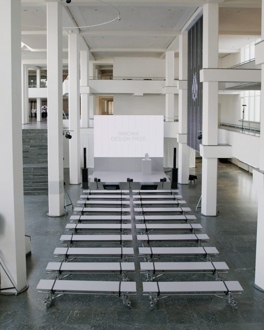 Wide view of the Rimowa Design Prize venue with rows of seating facing the stage