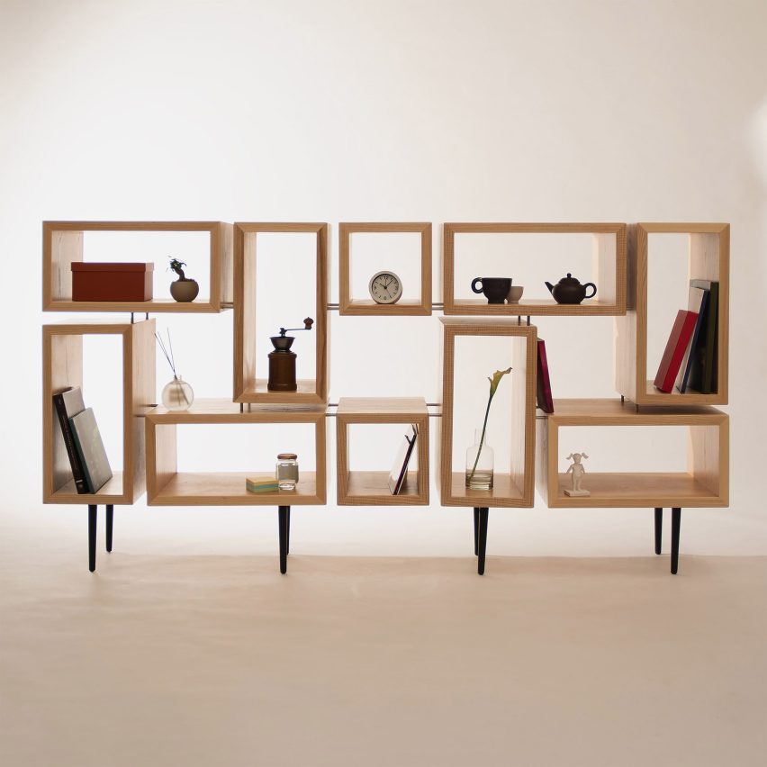 a shelving unit in tones of brown