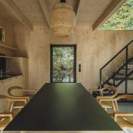 Spruce wood dining area in rural Czech cabin