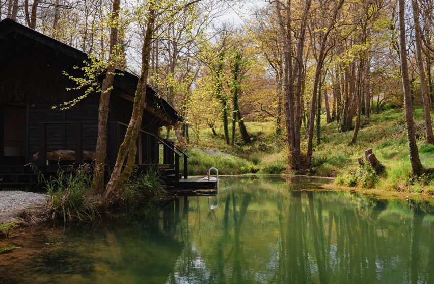 Woodland pond and cabin