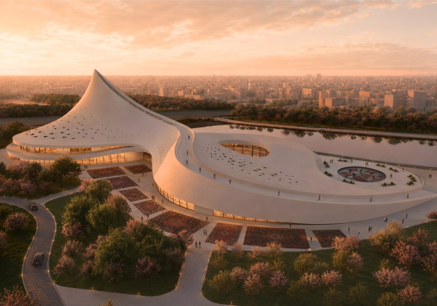 Architectural render of a large white building with a cone feature. The building is surrounded by manicured gardens.