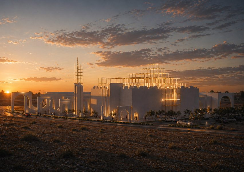 Architectural render of a large white building in a desert landscape.