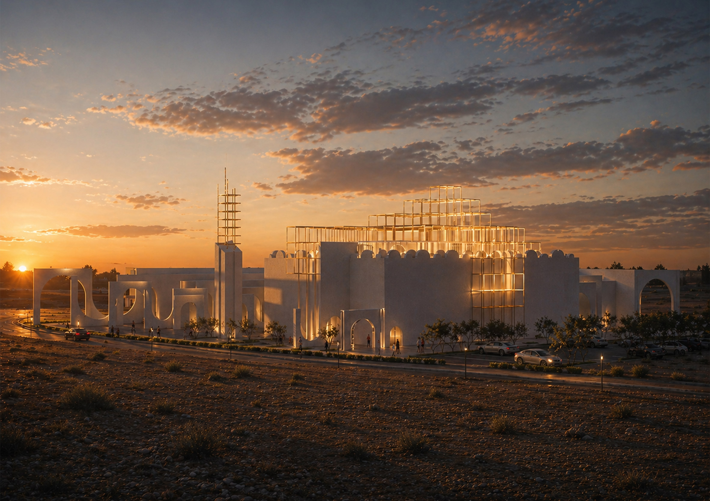 Architectural render of a large white building in a desert landscape. 