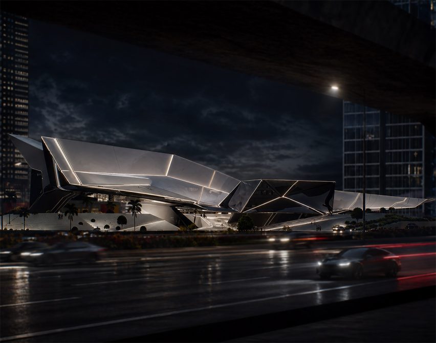 Architectural render of a roadside futuristic building.