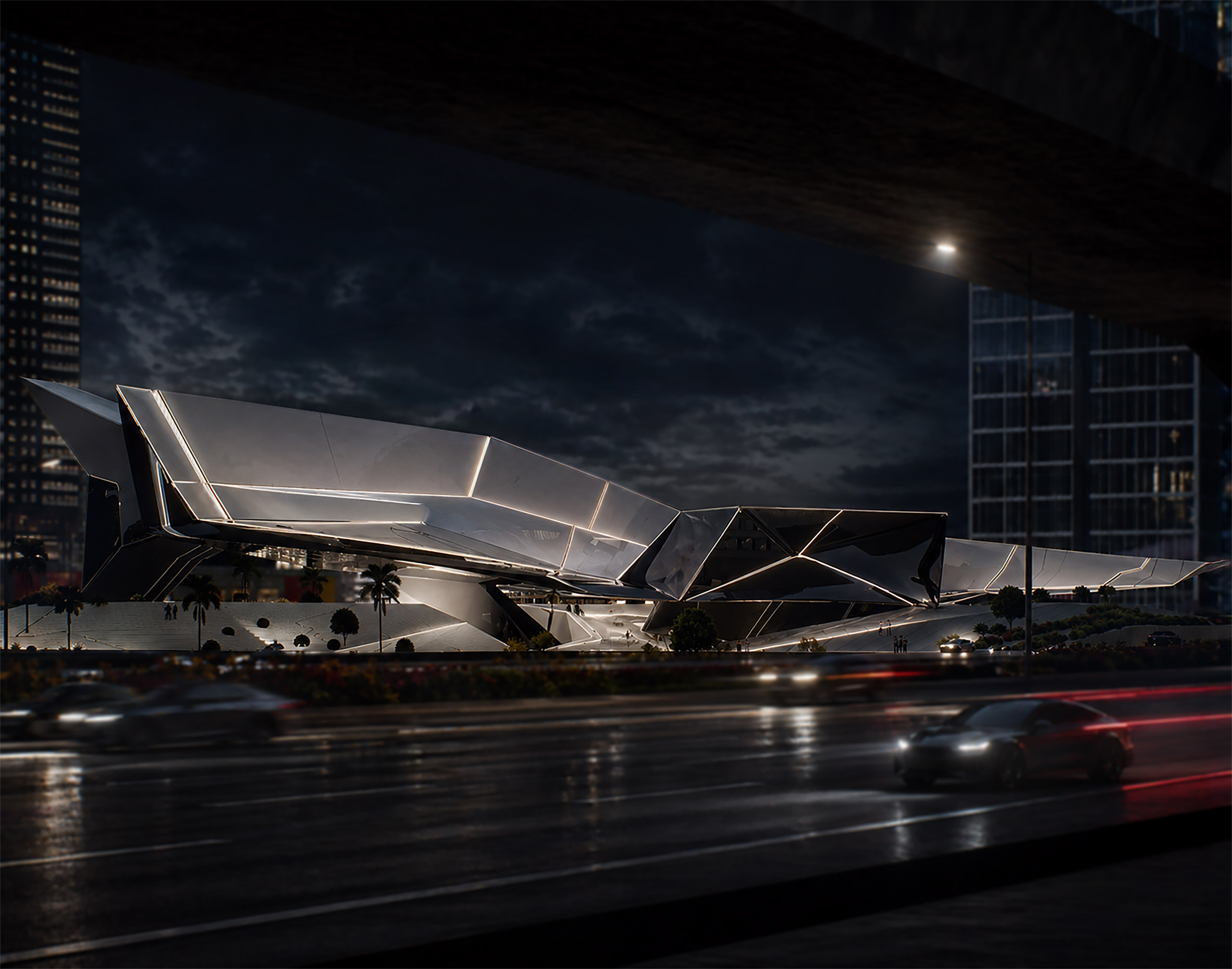 Architectural render of a roadside futuristic building. 