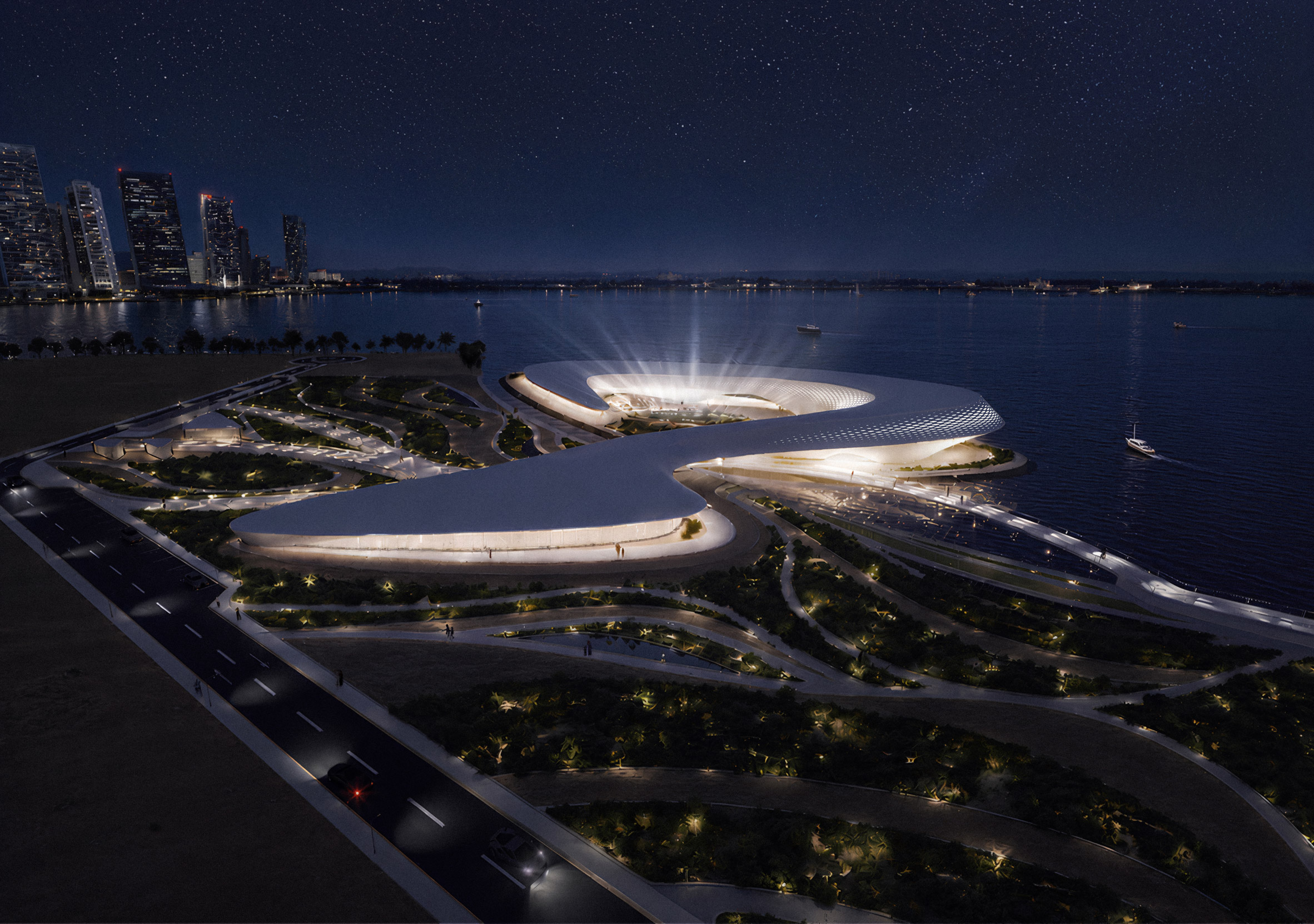 Architectural render of an organic-shaped building amongst a cityscape on the waterfront. 