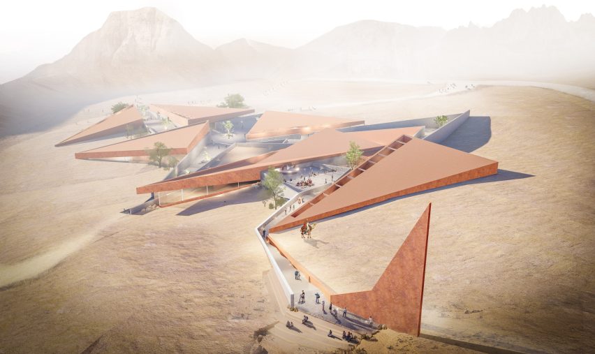Architectural render of a geometric building situated in a desert landscape.