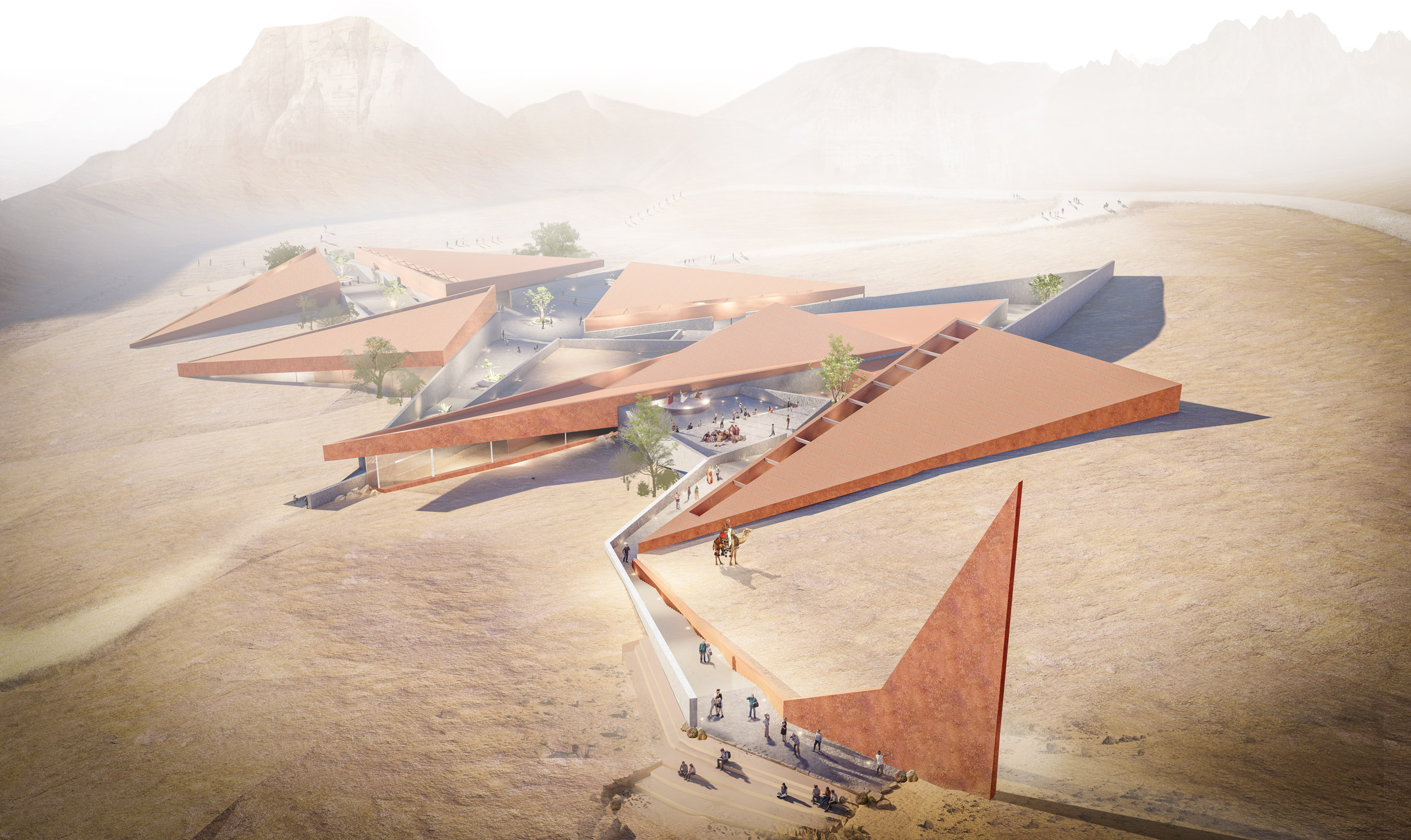 Architectural render of a geometric building situated in a desert landscape.