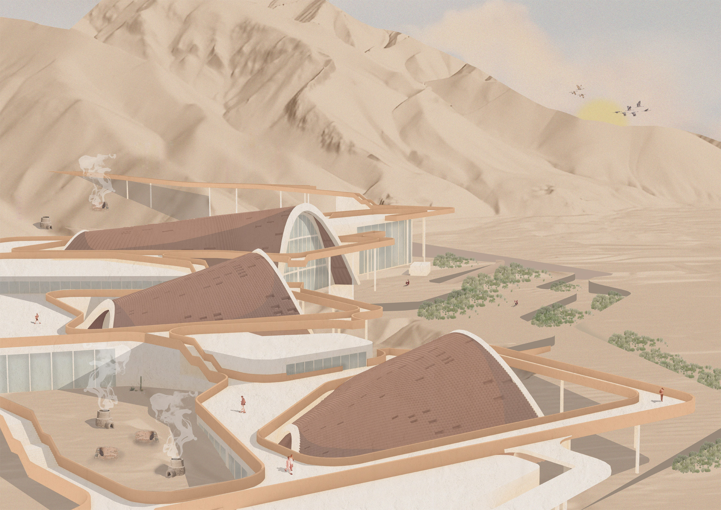 Architectural render of a visitor centre situated in the sand dunes.