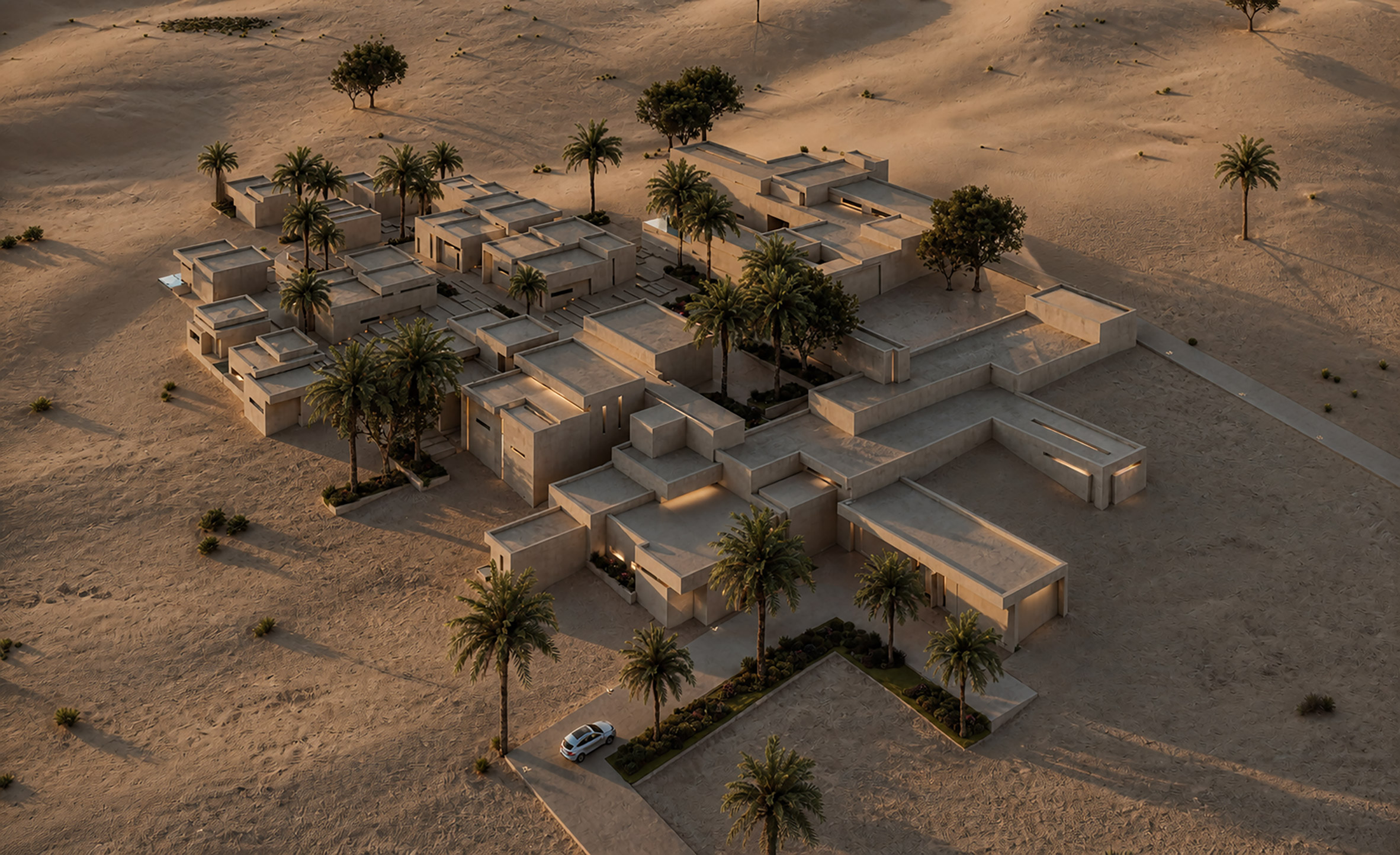 Computer-generated image of a modular building made from a number of cubes, situated in a desert landscape.