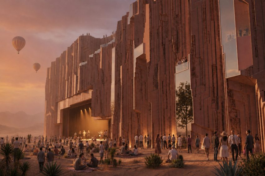 Architectural render of a large building with textured walls in a desert landscape.