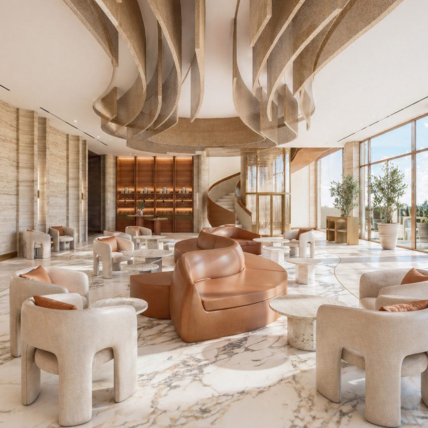 Computer-generated image of a neutral contemporary interior with an expansive glass facade and marble floors.