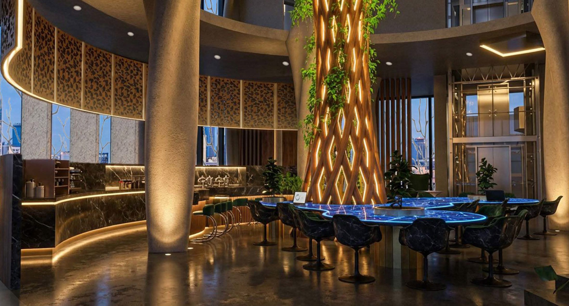 Computer-generated image of a communal interior space with a large blue table and a central tree-like feature. 