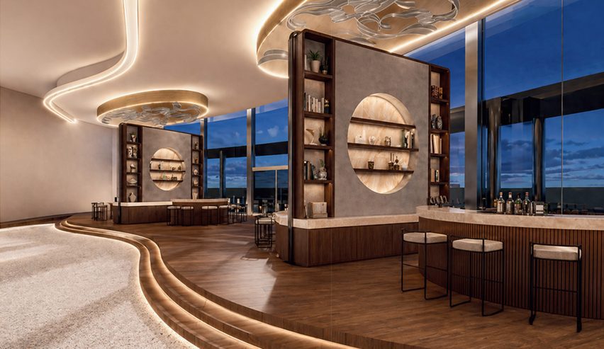 Computer-generated interior of a contemporary bar interior with led lighting and organic shapes.