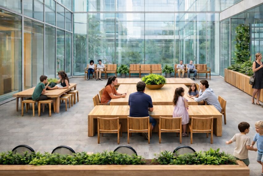 Computer-generated image showing a communal interior space, with glass walls and people of all ages gathered around large wooden communal tables. 